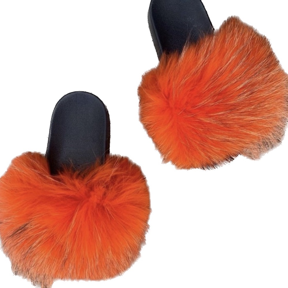 Vibrant Orange Genuine Fur Slides